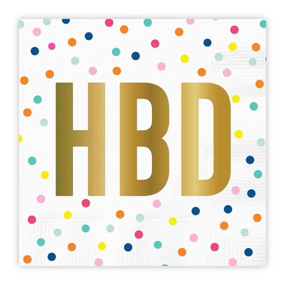 Slant “HBD” multicolor polka cocktail napkin/gold lettering-4 packs=80 total-NWT
